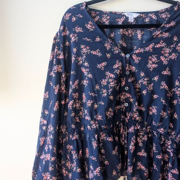 Time and Tru Women's Floral Print Tie Waist Blouse Ditsy Trails Dark Navy 2X - Picture 5 of 7